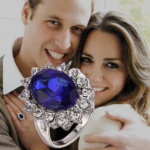 British Kate Princess Diana William Engagement Wedding Ring Big Blue Crystal Cubic Zirconia Fashion Jewelry Lady Women Wholesale