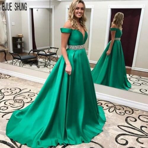 E JUE SHUNG Green Simple Satin Wedding Dresses Off the Shoulder Lace Up Back Crystal Sashes Sexy Bridal Gowns vestidos de noiva