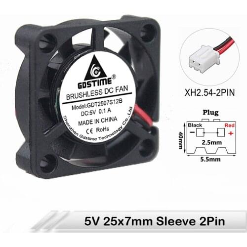 2pcs Gdstime Cooler Fan DC 5V 2Pin XH2.54 25mm 25x25X7mm 2507 Small Brushless Motor Heatsink Case Cooling Fan