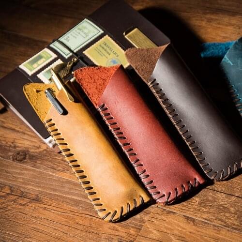 IPBEN handmade leather sewing pencil bag for travel notebook vintage diary book leather notebook pen bag for 2 pens