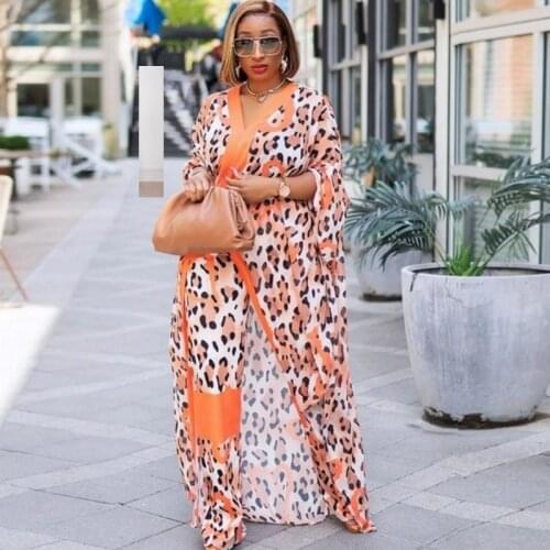 2 Piece Set African Clothes Women Robe Split Long Tops Boubou Fashion Leopard Print Elegant Streetwear African Dress Pant Suits
