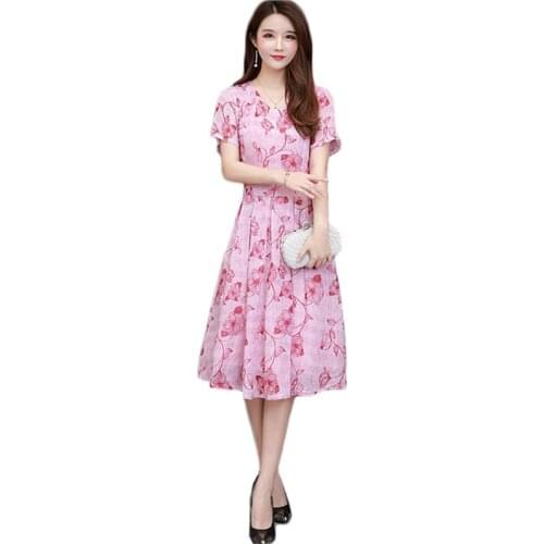 Summer Floral Dress Mom Light Pink Loose Dresses 2021 New Korean Office Elegant Short Sleeve Print A Line Dress Vestido LR146