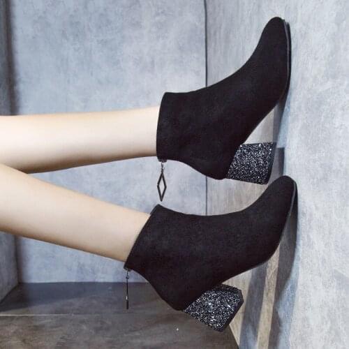 New Womens Shoes Sequined Thick Suede Boots Show Thin Fashion Martin Boots Zip Short Barrel With Cotton