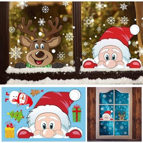 Removable Christmas PVC Static Sticker Santa Elk Window Stickers Beautify snowflake Wall Decals New Year Party Glass Dress up