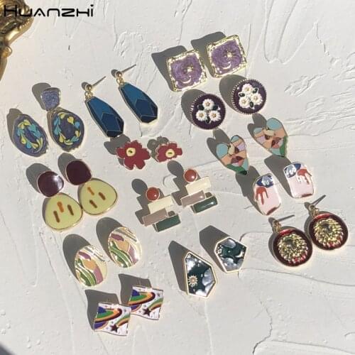HUANZHI 2020 New Vintage Enamel Flower Oil Painting Geometric Heart Stud Earring Colorful Jewelry for Women Girls