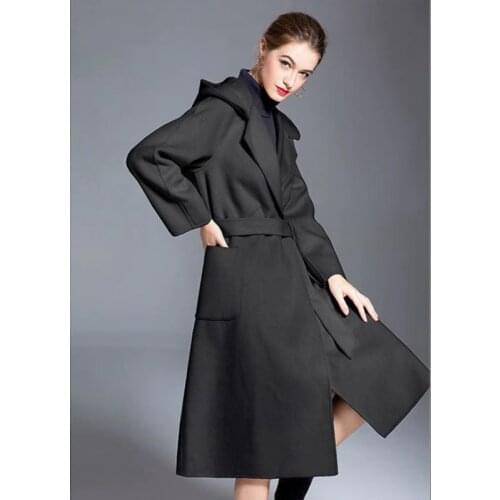 Woolen Female Winter Overcoat Waistband Black Coats Oversized With Belt topcoat Long Elegant coat Medium Slim Leisure Overcoat