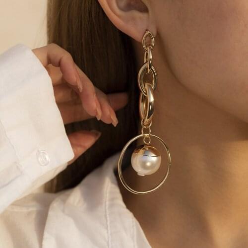 Temperament Geometric Metal Tassel Chain Earrings Fashion Imitation Pearl Hollow Earrings European and American Style Jewelry