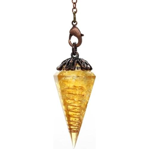 Trendy-beads Copper Plated Orgonite Hexagon Pyramid Yellow Citrines and Resin Pendant with Metal Chain Jewelry