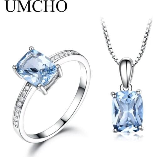 UMCHO Famous Gift 925 Sterling Silver Jewelry Created Sky Blue Topaz Rings And Necklace Elegant Birthday Gifts Fine Jewelry Sets