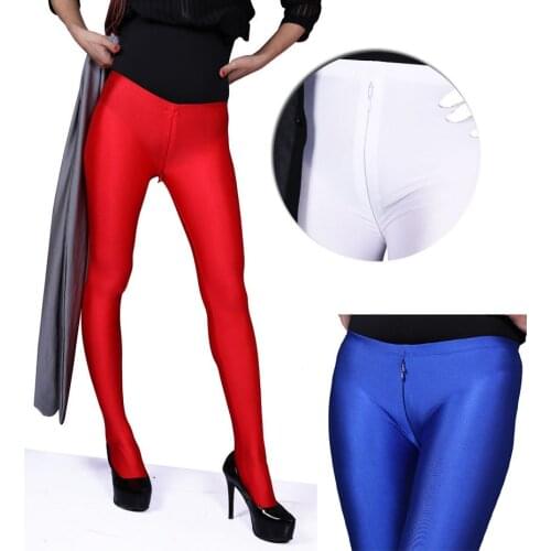 S-XXL Plus Size Zipper Open Crotch Leggings Women Glossy Charming Exotic Pants Bodycon Shiny Pantyhose Sexy Pant Capris Legging