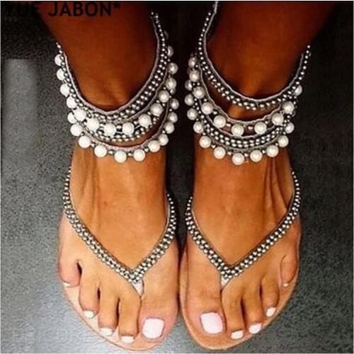 Crystal sandals Summer Flipflop bling bling rhinestone ankle strap Women sandals flat shoes female beach dress shoes eur 43