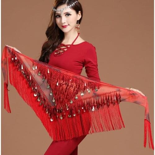 New Women Belly dance Oriental Dances sequins gold coins Tassel Triangle Wrap Costume Accessories Belt Shawl Chiffon Hip Scarf