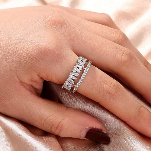 Fashion Micro Inlay Zircon Luxurious Double Layers Ring Wedding Jewelry for Women Party Gift Copper White Gold Open Rings