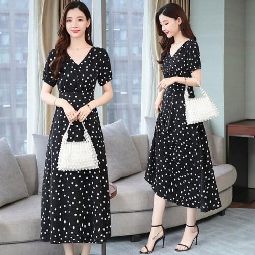 2021 Elegant Black Dot Chiffon Midi Dresses Spring Summer Plus Size Print Vintage Maxi Runway Dress Women Bodycon Party Vestidos