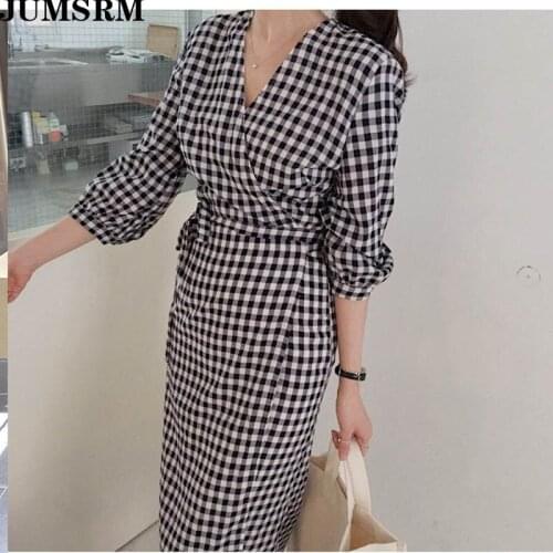 2020 Summer Spring Women Dress Vintage Lace Up Bow Wrap V-Neck Plaid Dress Vintage High Waisted One Piece A-Line Party Dresses