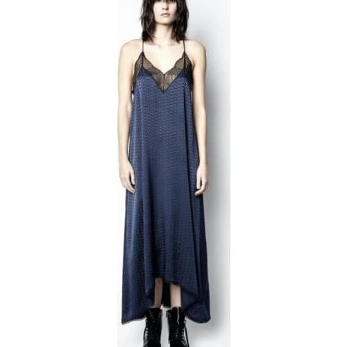 Woman Letters Jacquard Silk Midi Dress V-neck Black Embroidered Lace Detail Thin Straps Sleeveless Long Dress