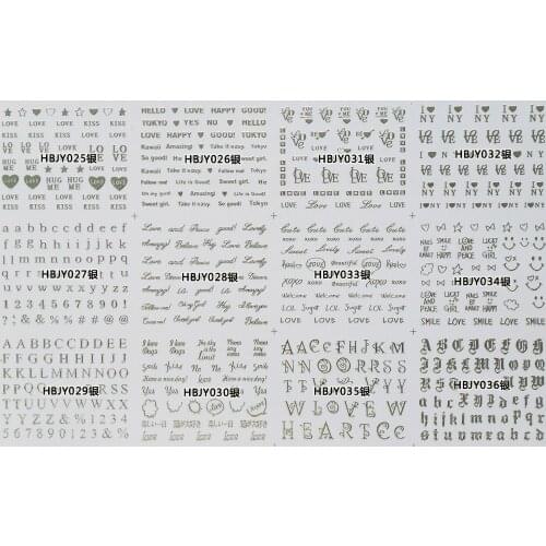3D Nail Sticker HBJY025-036 Silver Letter Design 3d Nail Art Decal for Nail Decoration(12 DESIGNS IN 1)