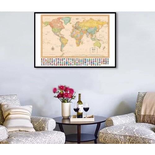 84*59cm The World Political Map with National Flags Canvas Painting Wall Art Poster Living Room Home Decor Kids School Supplies