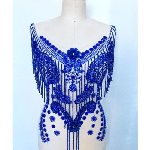 Pure hand made sew on royalblue Rhinestones applique on mesh sequins pearl patches trim 57*40cm for dress accessory