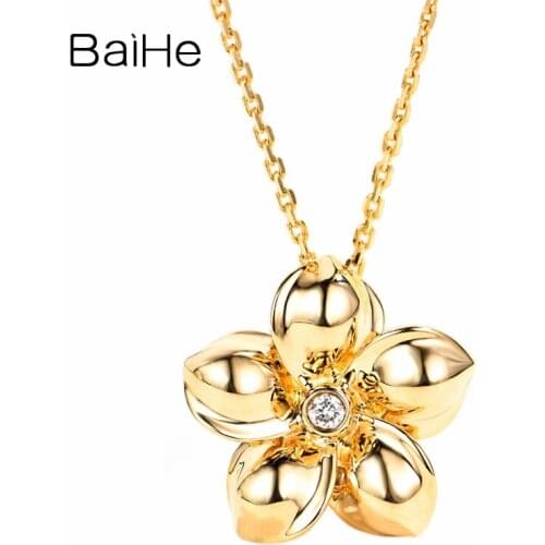 BAIHE Solid 18K Yellow Gold 0.03ct H/SI Round Natural Diamond Trendy Fine Jewelry Wedding Beautiful flower diamond Necklaces