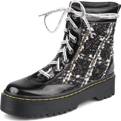 Patent Leather Stitching Knitted Wool Small Ankle Boots College Wind High Waterproof Platform Check Lace Womens Boots