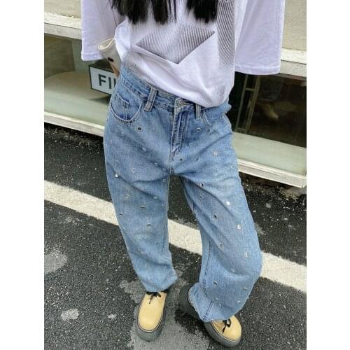 European Autumn New Denim Loose and Thin Personality Street Nail Design Old Pants Jeans Women Fashion Streetwear 2021