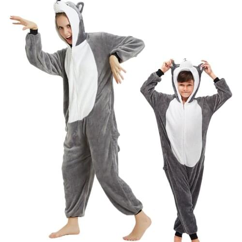 Flannel Animal Children Pajamas Sets Winter Hooded Animal Husky Cartoon Kids Pajama For Boys Girls Sleepwear Tiger Panda Onesie