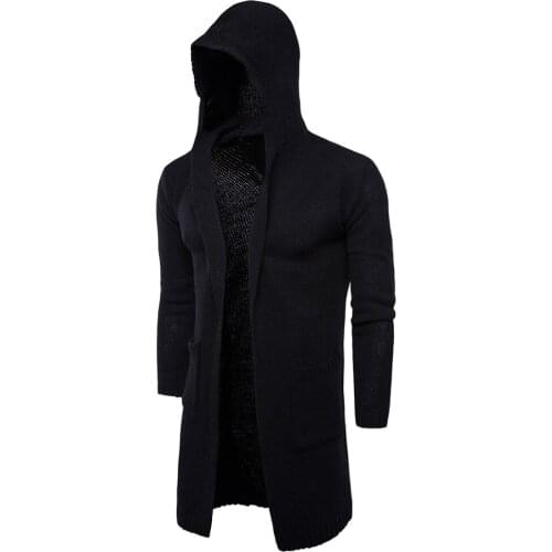 Autumn winter men thick hooded long knitted cardigan sweater mens punk hip hop knitwear warm cardigan pull homme