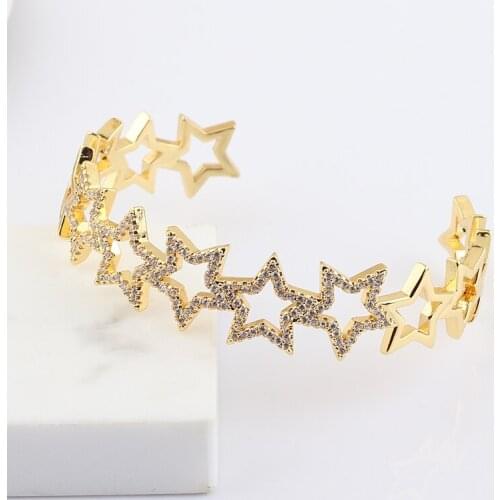 Fashion Copper Cubic Zircon Opening Cuff Adjustable Hollow Star Bangle Jewelry For Women Girls Best Gift