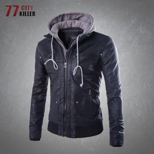 Fake Two Hooded Leather Jackets Men Causal Vintage Motorcycle Faux Leather Jacket Male Fashion Design Multi-Pockets Mens PU Coat