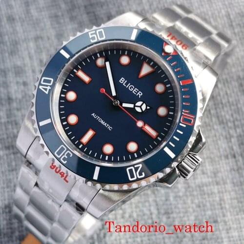 40mm Bliger Blue Dial Ceramic Insert Sapphire Glass Green Luminous MIyota 8215 Automatic SUB Men Watch Oyster Bracelet