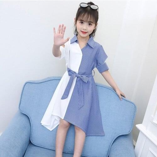 New Summer 2019 Striped Patchwork Dresses For Teenage Girls Asymmetrical Belt Casual Infant Dress Kids Cotton Dresses Clothes