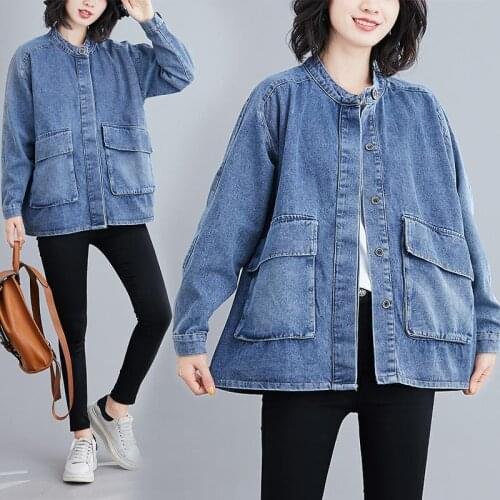 New Arrival Spring Korea Fashion Women Long Sleeve Loose Vintage Denim Jecket Big Pocket Stand Collar Casual Short Coat