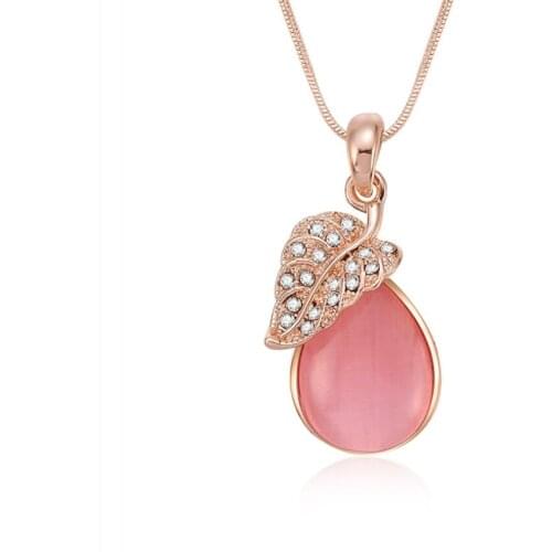 Rose Gold Color Leaf Water Drop Pink Cat Eye Stone Pendant Link Chain Necklace with Rhinestone Jewelry