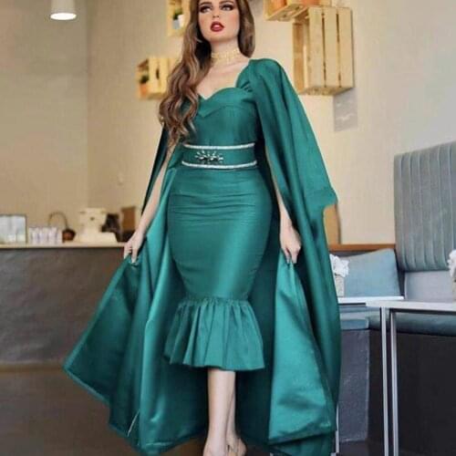 Sevintage Mermaid Dubai Caftan Evening Dress with Cape Sequined Short Prom Gowns Arabic Satin Women Party Dress Custom Made