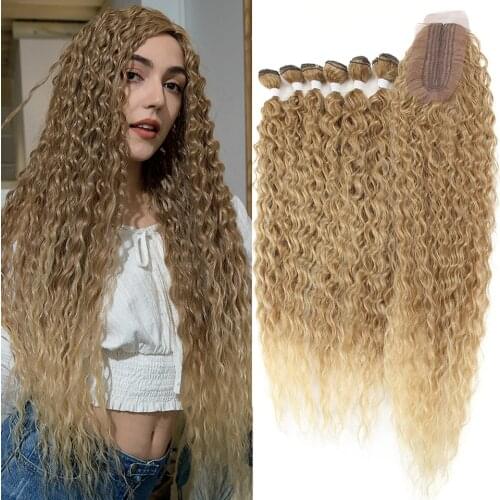 Raising 613 Deep Wave Hair Bundles With Closure Synthetic Curly Hair Bundles 6 Bundles Blonde Omber Hair Extensions 30 Inches