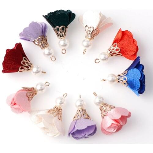 10pcs Mix Color Silk Satin Fabric Flower Pearl Tassel Charms Flower Tassel For Jewelry DIY Keychain Cellphone Straps Jewelry
