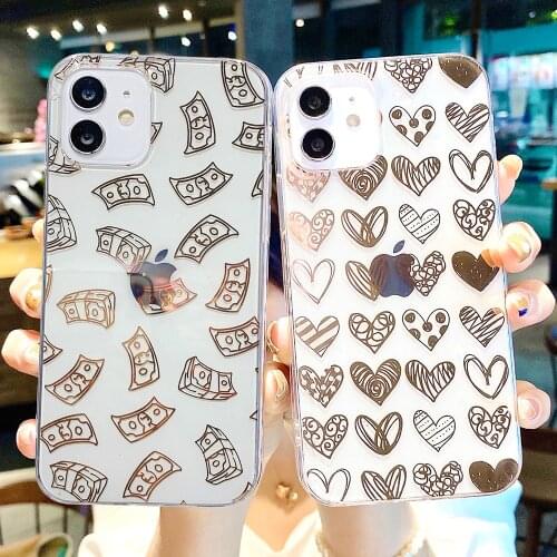 Clear Electroplated Laser Glitter Heart Case For iPhone 11 12 Pro Max Mini 7 8 Plus XS XR X SE 2020 Stars Hot Air Balloon Cover