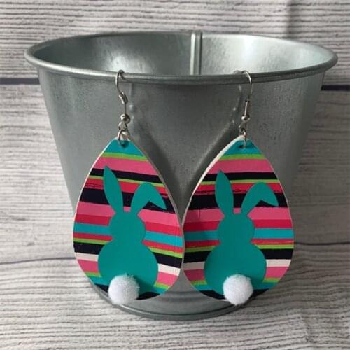 Striped Background Blue Easther Bunny White Soft Pompom Faux Leather Earrings Plaid Leather Drop Earrings Rabbit Tail Hair Ball