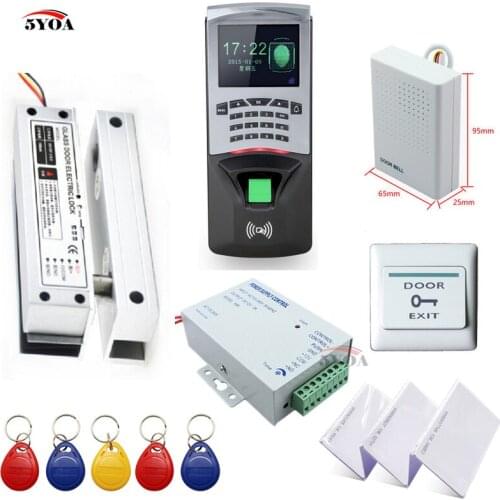 Fingerprint RFID Access Control System Kit Frameless Glass Door Set+Electric Bolt Lock+Card Keytab+Power Supply+Button+DoorBell