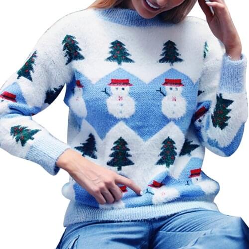 New Fashion Women Ladies Christmas Long Sleeve Sweaters Casual Snowman Tree Tunic Knit Sweaters Pullover Tops Blue Pink