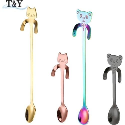 T&Y 1pc 304 Stainless Steel Cute Cat Bear Hanging Cup Teaspoons Demitasse Mini Long Kitten Stirring Spoon for Dessert Drink