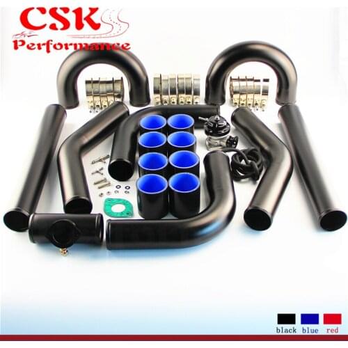 Universal DIY 2.5" / 2.75" Aluminum Intercooler Piping Pipe Silicone hose T-clamps + Turbo Flange Pipe BOV Kit Black