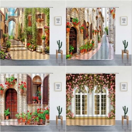 Flowers Spring Scenery Bathroom Set Shower Curtain Street Red Pink Flower Retro Design Garden Wall Decoration Hanging Curtains