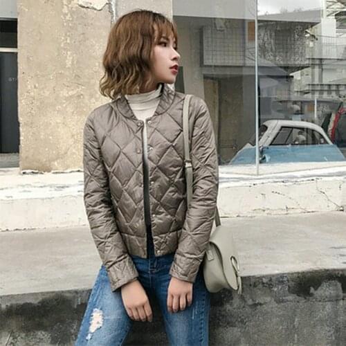 Spring Autumn Polyester Womens Down Jacket Stand Collar Long Sleeve Cardigan Solid Slim Thin Fashion Office Lady Down Jacket