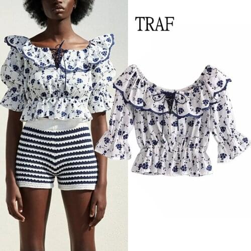 TRAF Women Blouses Top Za 2021 Fashion Embroidery Print Short Sleeve Shirts Female Bandage Casual Women Clothing Elastic Tops
