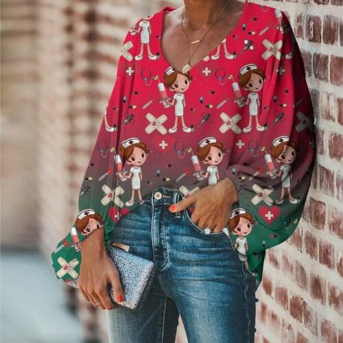 Uniform Nurse Women Long Sleeve V-Neck Tops Working Uniform Nurse Print Blouse Clinical Uniforms Woman Protective Clothing