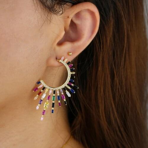 2019 geometric women jewelry micro pave cz colorful charm iced out sparking bling fashion rainbow baguette cz elegant earring