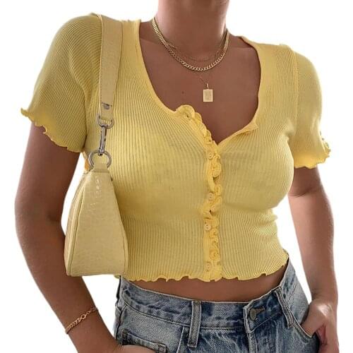 Women Summer T-shirts Solid Color T-shirt Korean Single-breasted V-neck High Waist Crop Tops Ladies T-shirts