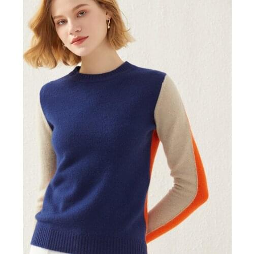 Autumn and Winter new round Neck color-blocking Cashmere 100%Wool Womens pullover knit Woolen Sweater contrast Color loose